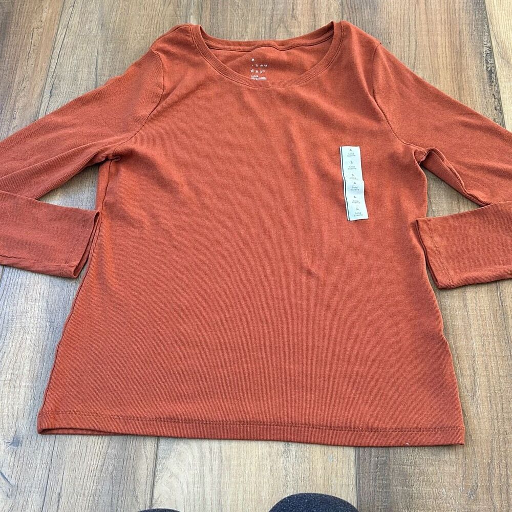 NWT A New Day Long Sleeve Top Large Womens Shirt Rust Fall Basic Solid Stretch